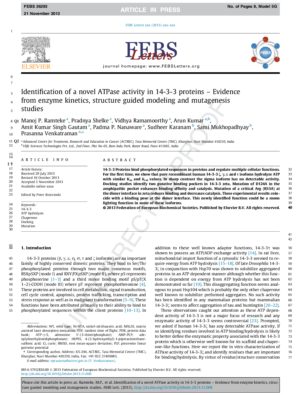 Identification of a novel ATPase activity in 14-3-3 proteins - Evidence from enzyme kinetics, structure guided modeling and mutagenesis studies