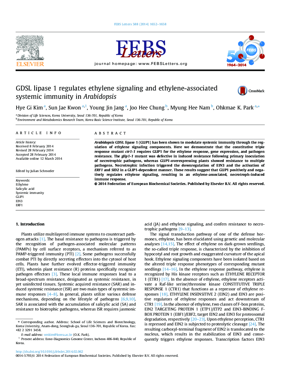 GDSL lipase 1 regulates ethylene signaling and ethylene-associated systemic immunity in Arabidopsis