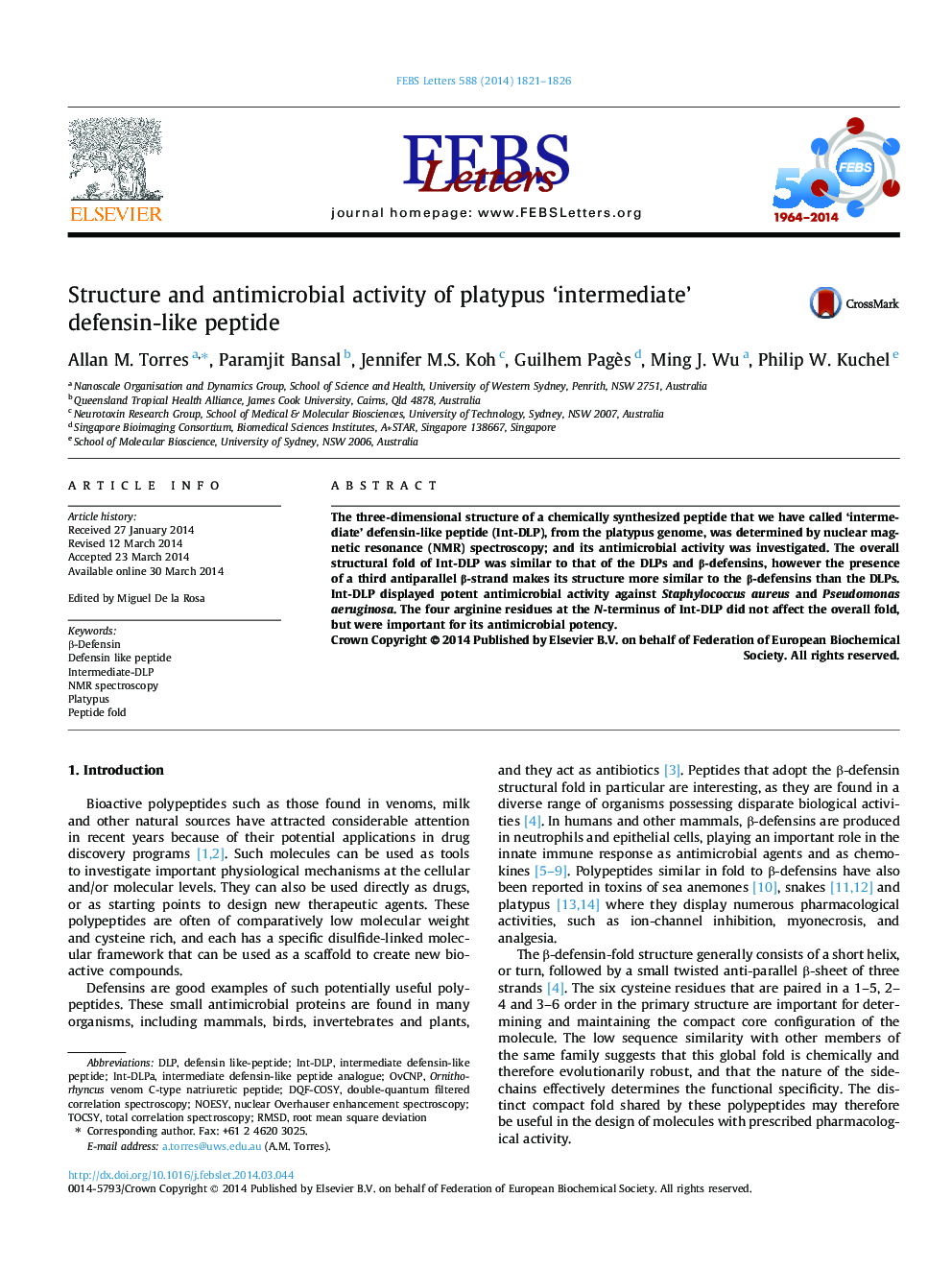 عکس صفحه اول مقاله: Structure and antimicrobial activity of platypus 'intermediate' defensin-like peptide Structure and antimicrobial activity of platypus 'intermediate' defensin-like peptide