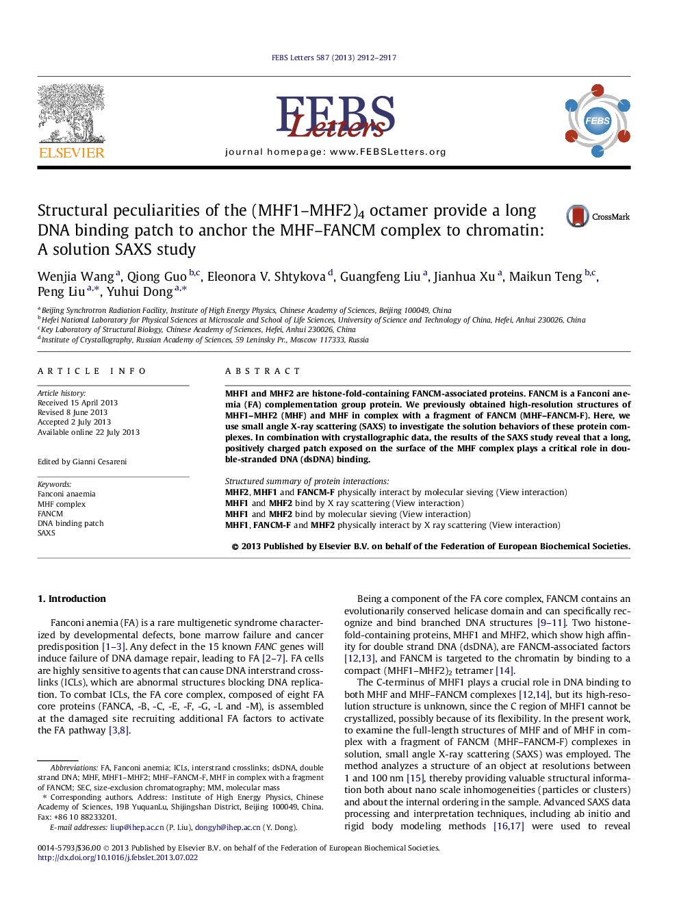 Structural peculiarities of the (MHF1-MHF2)4 octamer provide a long DNA binding patch to anchor the MHF-FANCM complex to chromatin: A solution SAXS study