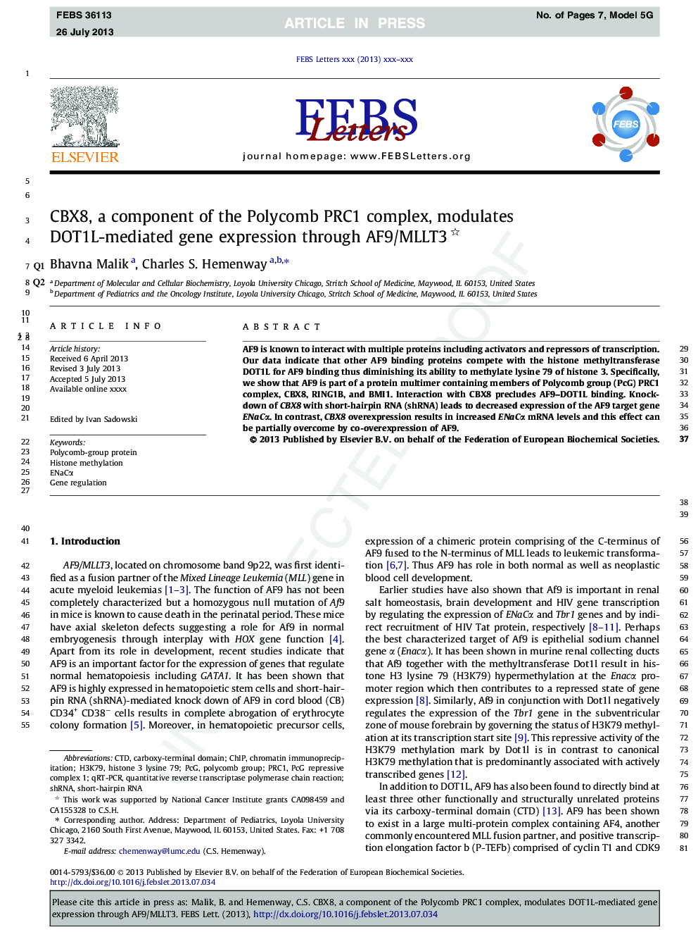 CBX8, a component of the Polycomb PRC1 complex, modulates DOT1L-mediated gene expression through AF9/MLLT3