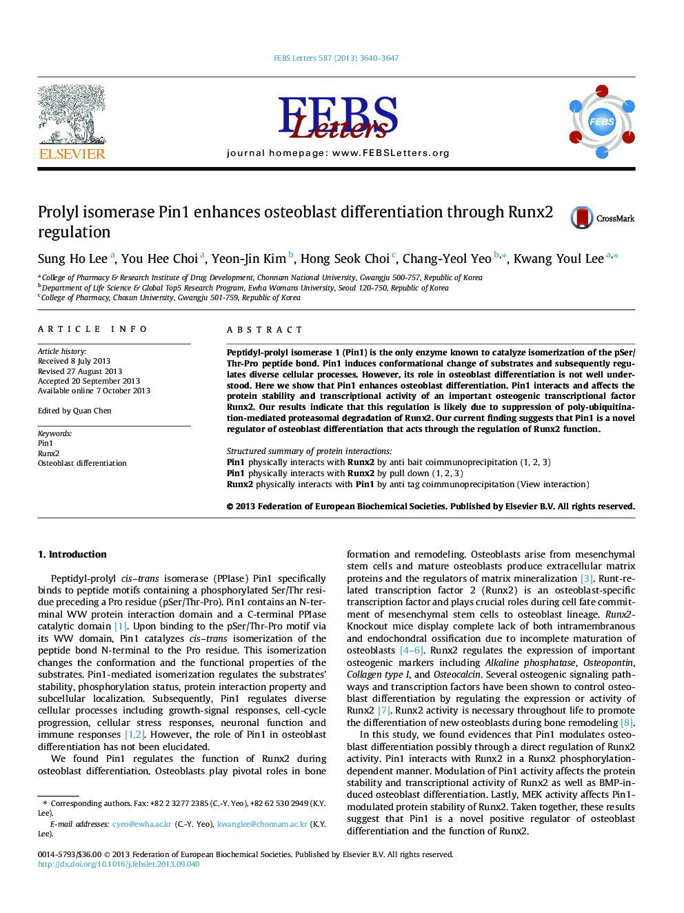 Prolyl isomerase Pin1 enhances osteoblast differentiation through Runx2 regulation