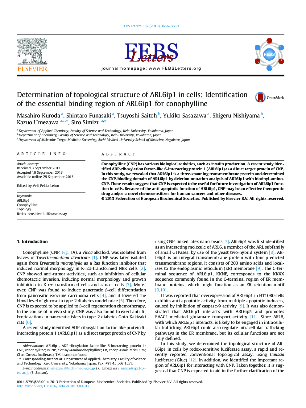 Determination of topological structure of ARL6ip1 in cells: Identification of the essential binding region of ARL6ip1 for conophylline