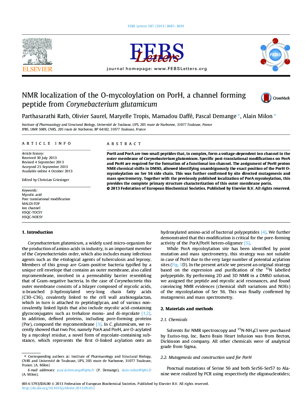 NMR localization of the O-mycoloylation on PorH, a channel forming peptide from Corynebacterium glutamicum