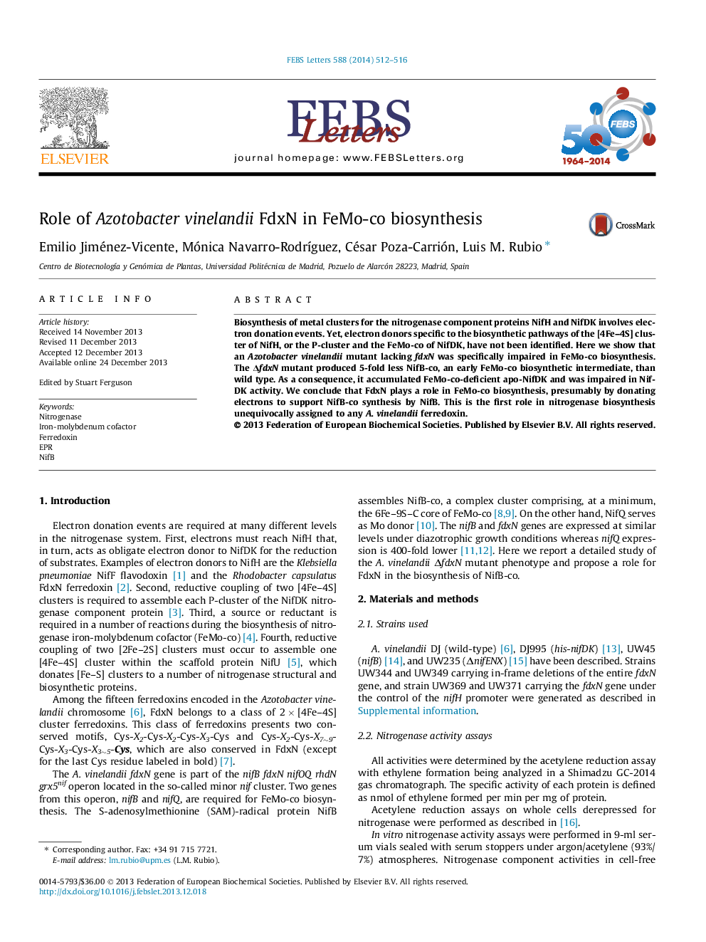 Role of Azotobacter vinelandii FdxN in FeMo-co biosynthesis