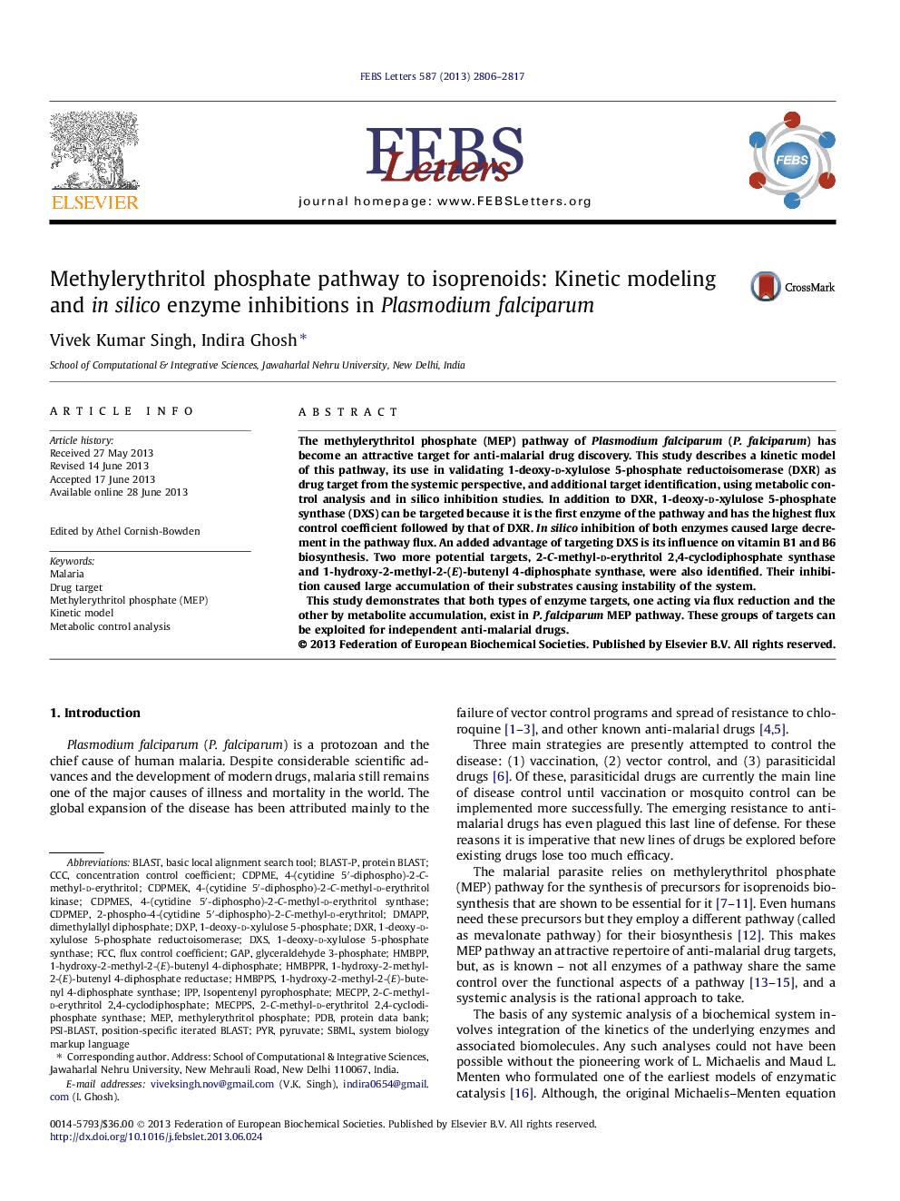 Methylerythritol phosphate pathway to isoprenoids: Kinetic modeling and in silico enzyme inhibitions in Plasmodium falciparum