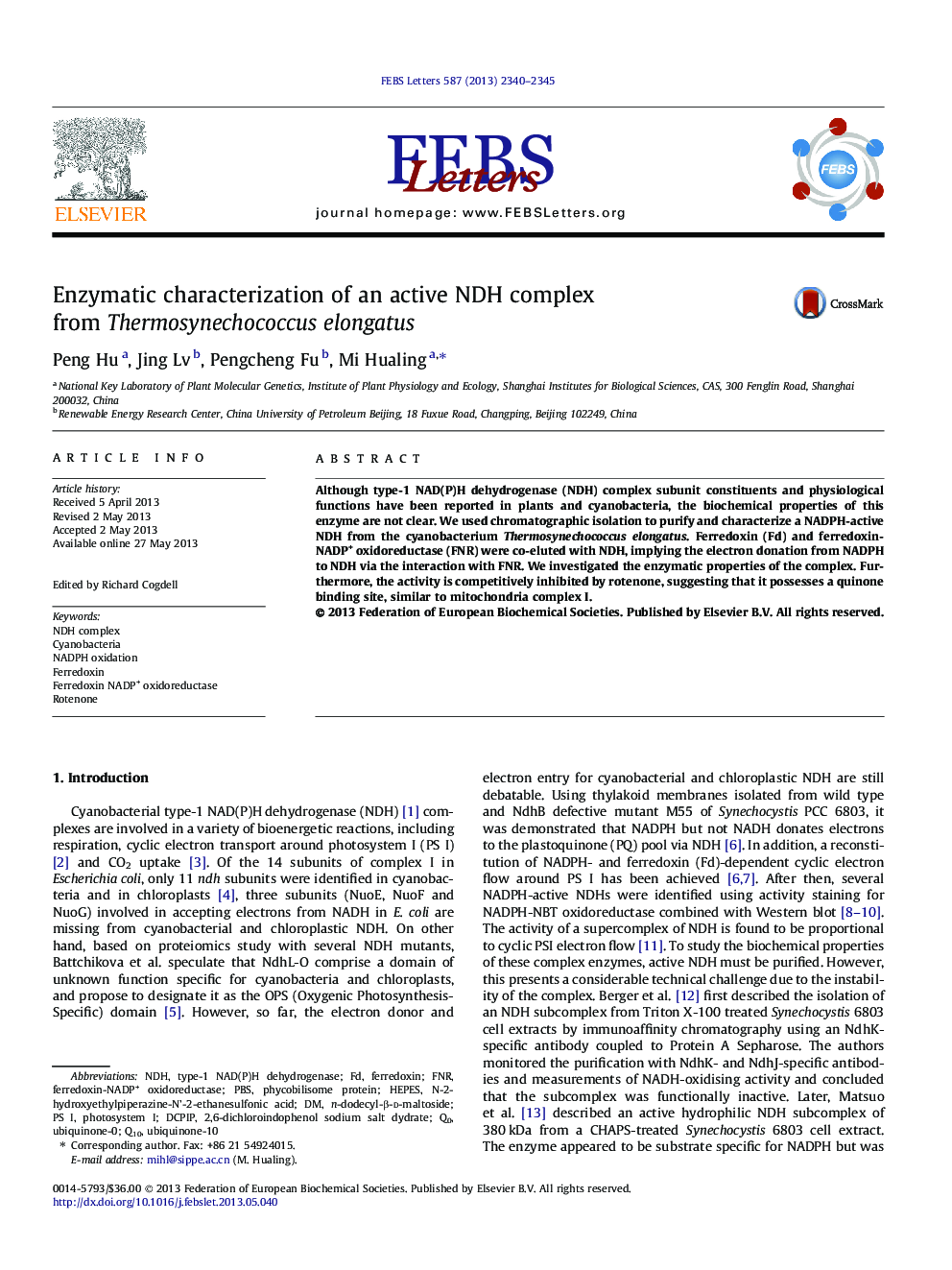 Enzymatic characterization of an active NDH complex from Thermosynechococcus elongatus