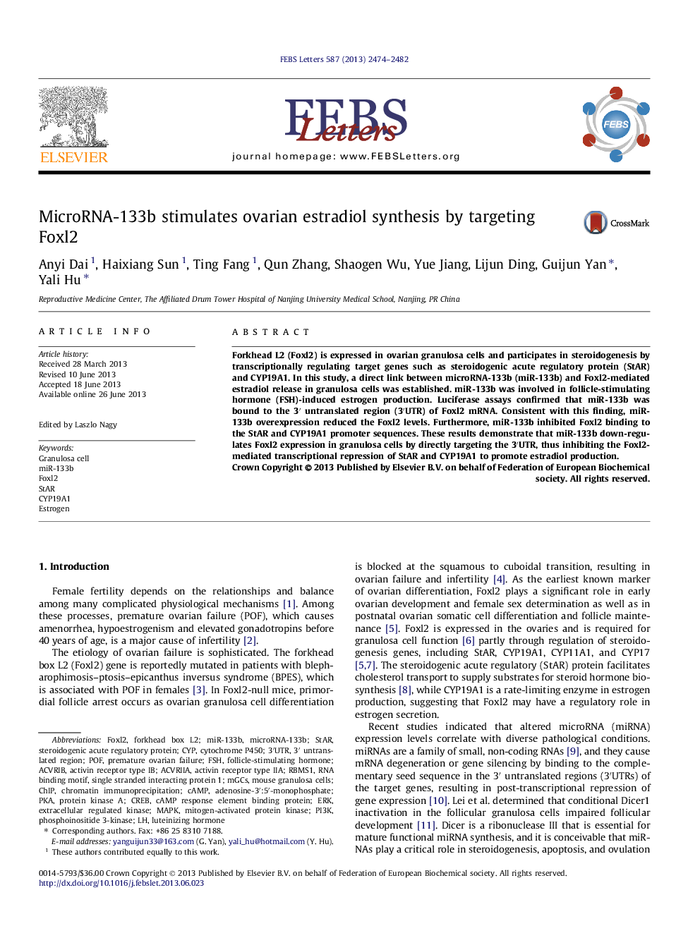 MicroRNA-133b stimulates ovarian estradiol synthesis by targeting Foxl2