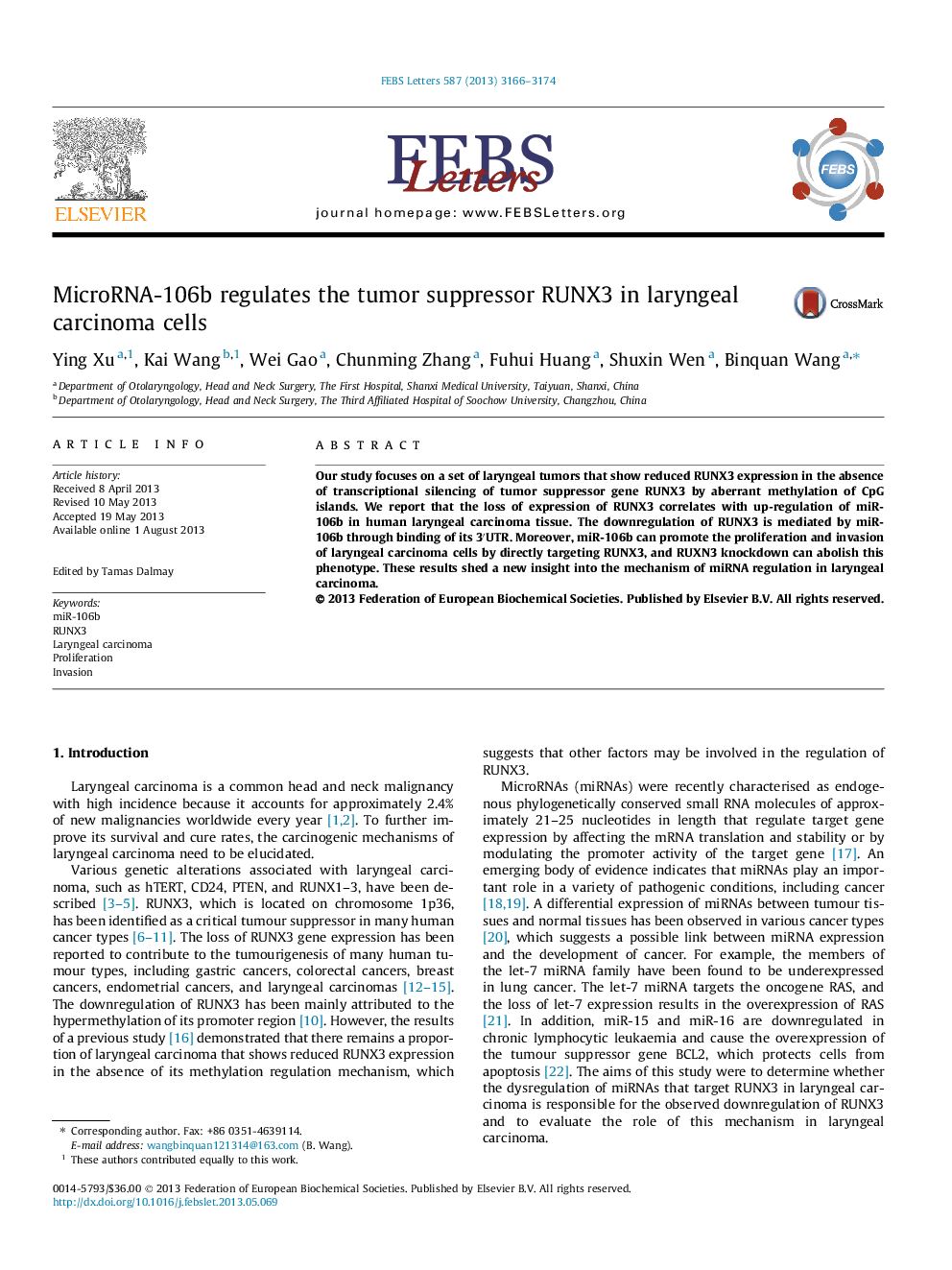 MicroRNA-106b regulates the tumor suppressor RUNX3 in laryngeal carcinoma cells