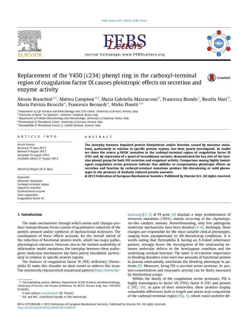 Replacement of the Y450 (c234) phenyl ring in the carboxyl-terminal region of coagulation factor IX causes pleiotropic effects on secretion and enzyme activity