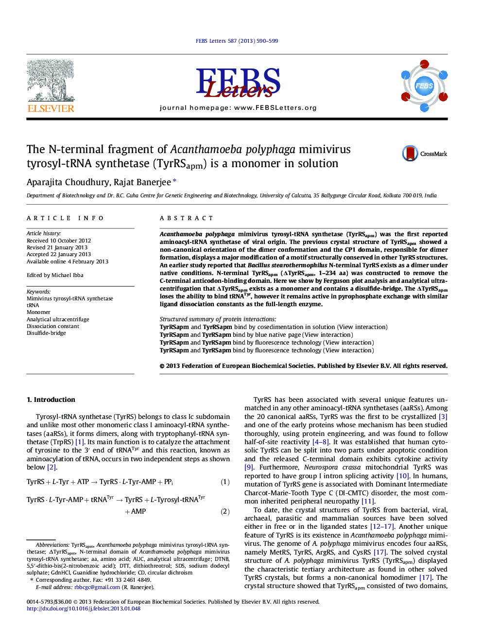 The N-terminal fragment of Acanthamoeba polyphaga mimivirus tyrosyl-tRNA synthetase (TyrRSapm) is a monomer in solution