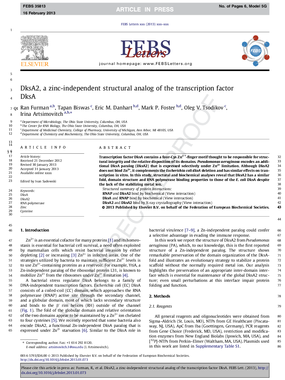 DksA2, a zinc-independent structural analog of the transcription factor DksA