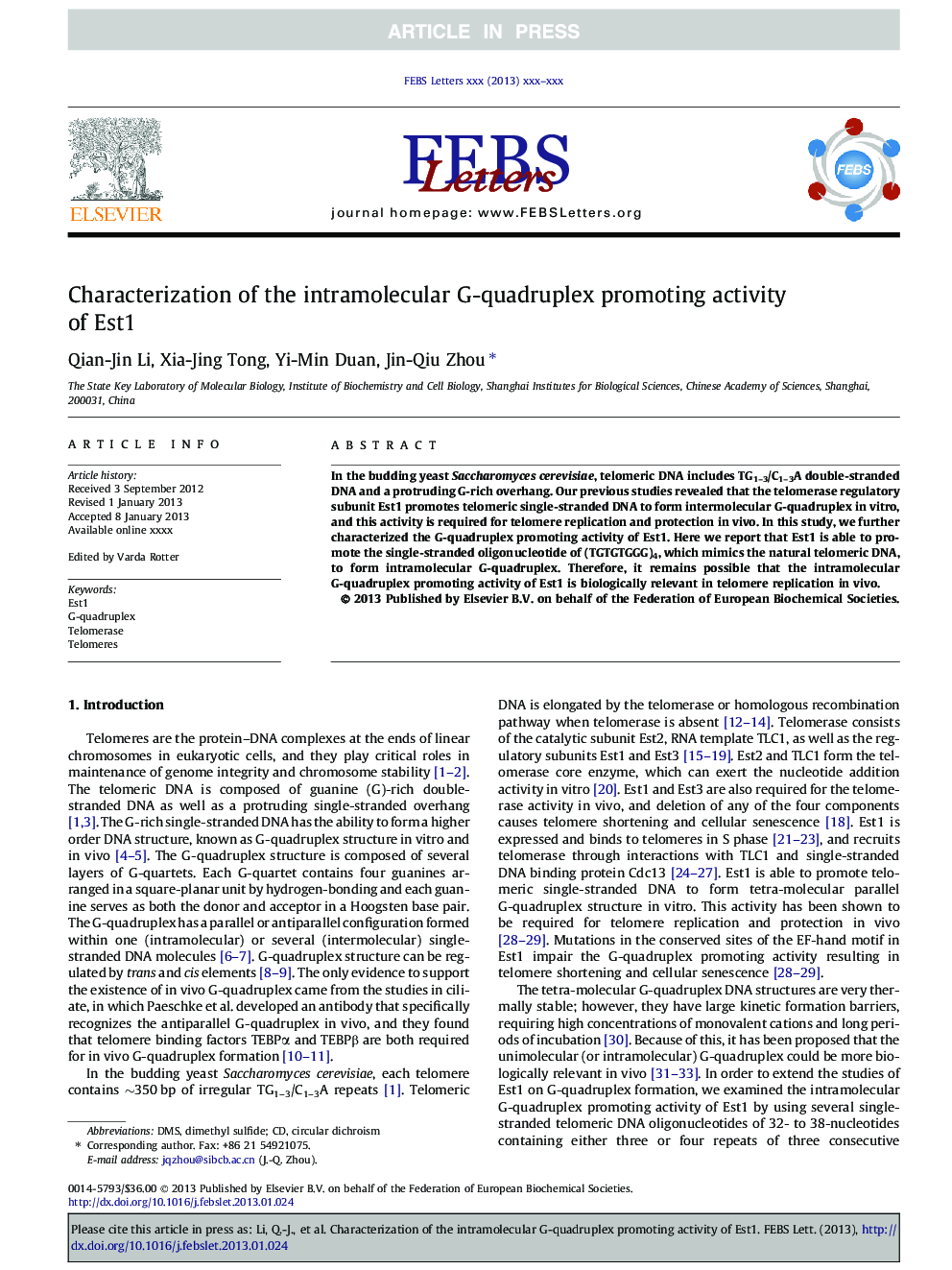 Characterization of the intramolecular G-quadruplex promoting activity of Est1