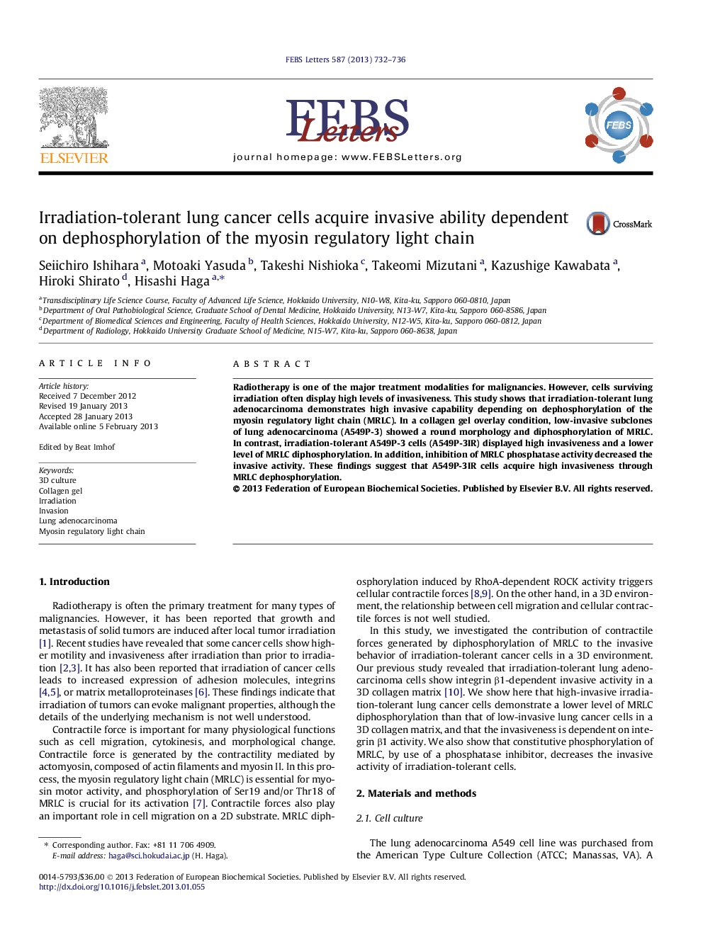 عکس صفحه اول مقاله: Irradiation-tolerant lung cancer cells acquire invasive ability dependent on dephosphorylation of the myosin regulatory light chain Irradiation-tolerant lung cancer cells acquire invasive ability dependent on dephosphorylation of the myosin regulatory light chain