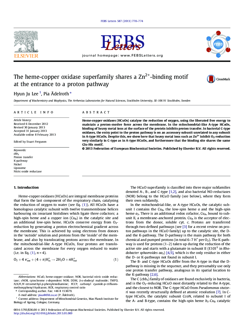 The heme-copper oxidase superfamily shares a Zn2+-binding motif at the entrance to a proton pathway