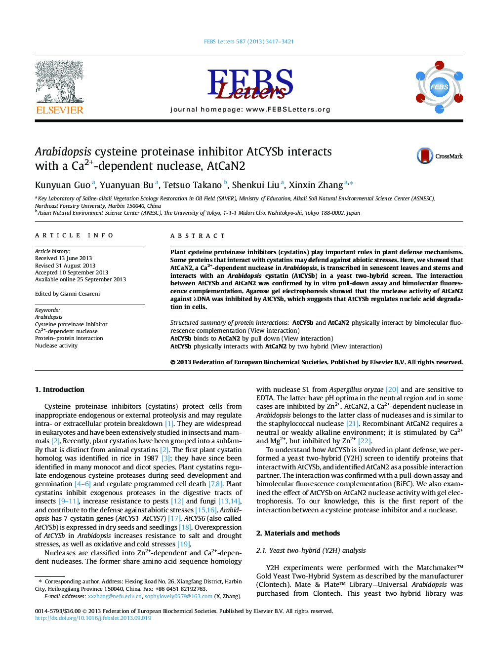 Arabidopsis cysteine proteinase inhibitor AtCYSb interacts with a Ca2+-dependent nuclease, AtCaN2