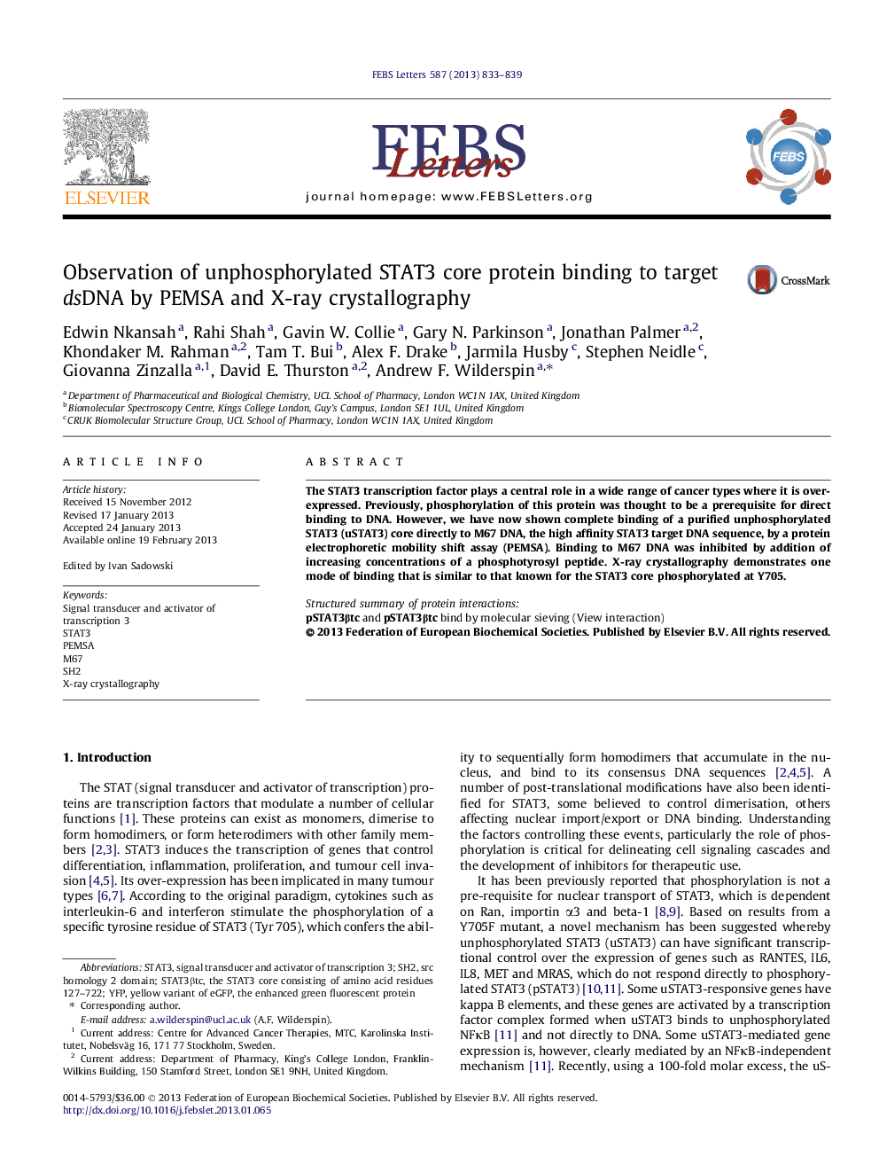 Observation of unphosphorylated STAT3 core protein binding to target dsDNA by PEMSA and X-ray crystallography