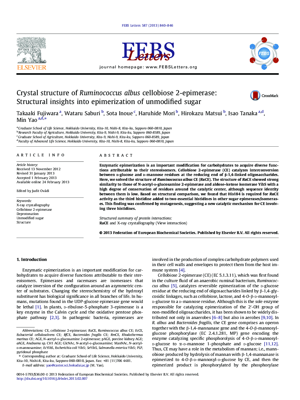 Crystal structure of Ruminococcus albus cellobiose 2-epimerase: Structural insights into epimerization of unmodified sugar