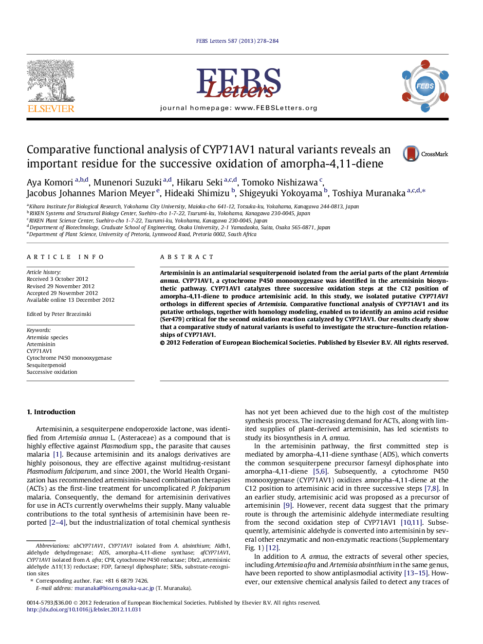 Comparative functional analysis of CYP71AV1 natural variants reveals an important residue for the successive oxidation of amorpha-4,11-diene