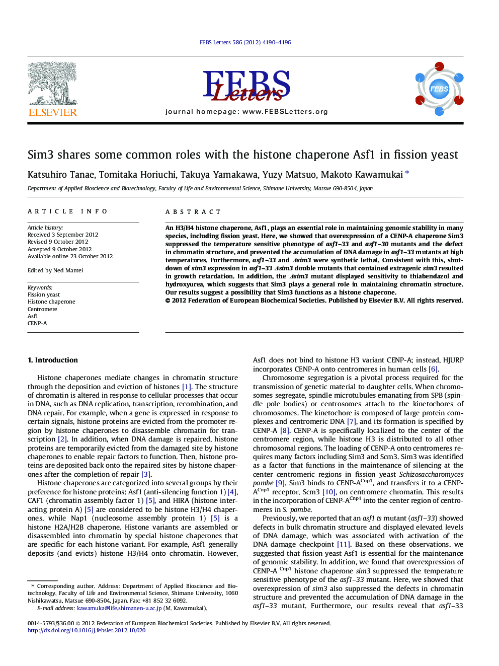 Sim3 shares some common roles with the histone chaperone Asf1 in fission yeast