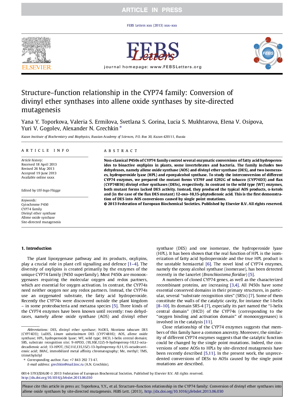 Structure-function relationship in the CYP74 family: Conversion of divinyl ether synthases into allene oxide synthases by site-directed mutagenesis