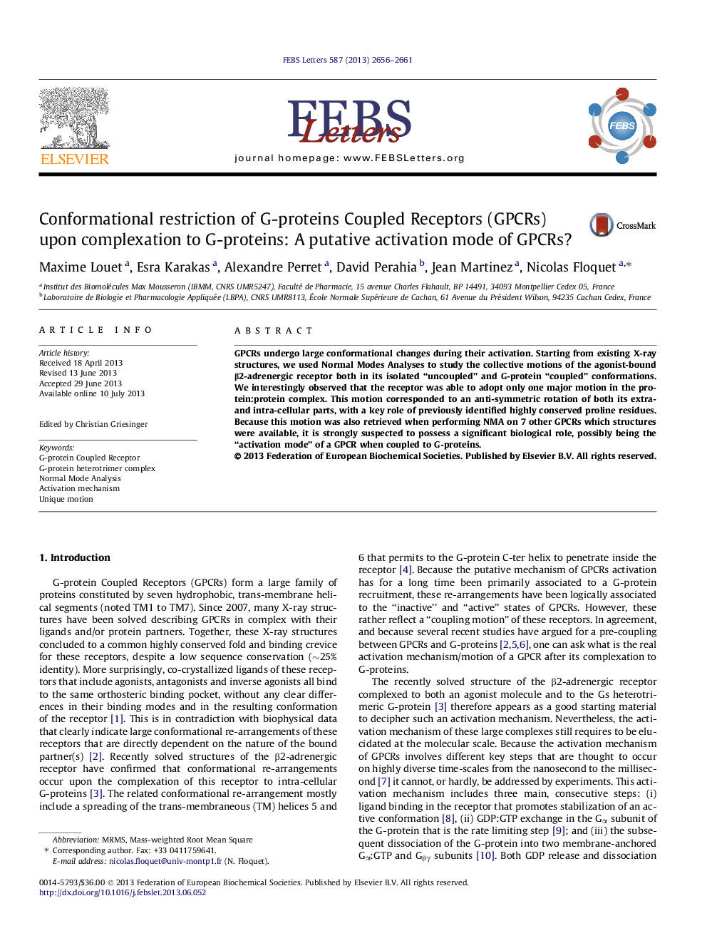 Conformational restriction of G-proteins Coupled Receptors (GPCRs) upon complexation to G-proteins: A putative activation mode of GPCRs?