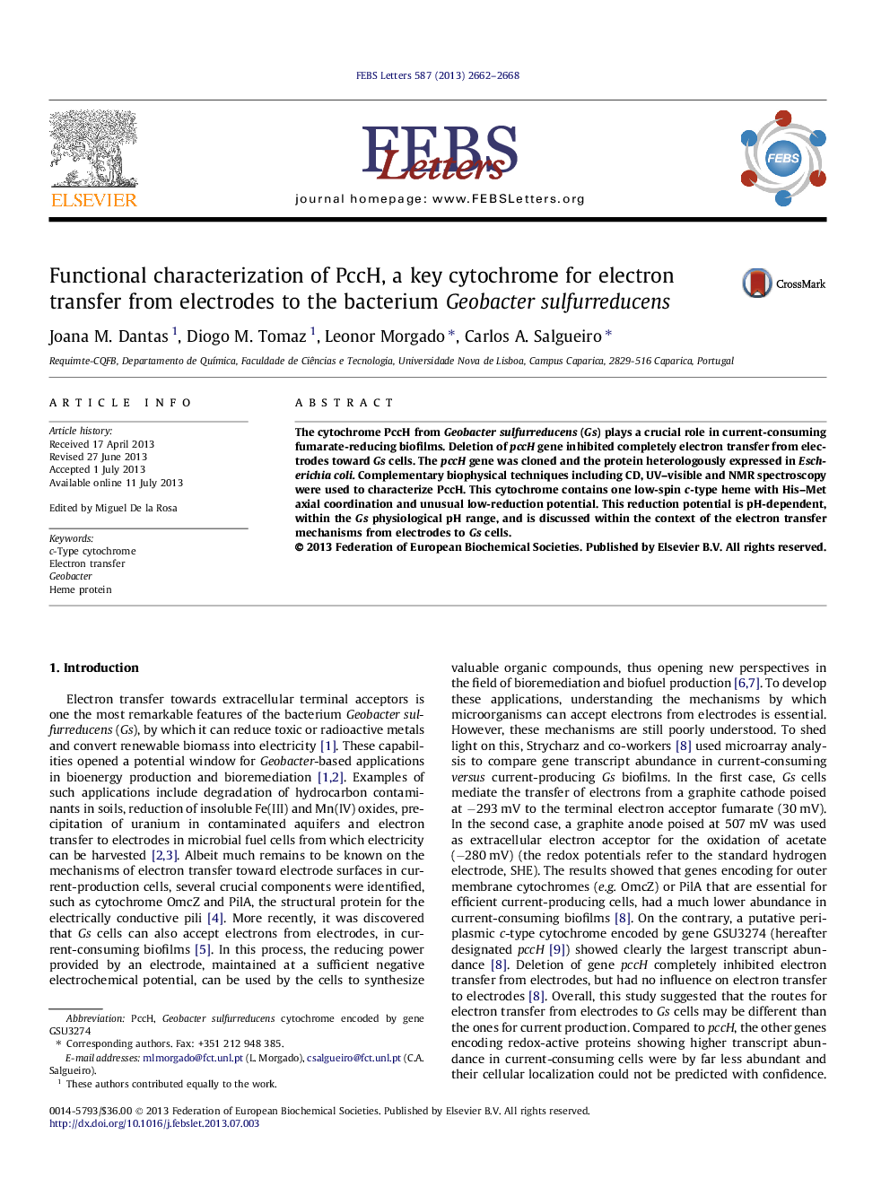 Functional characterization of PccH, a key cytochrome for electron transfer from electrodes to the bacterium Geobacter sulfurreducens