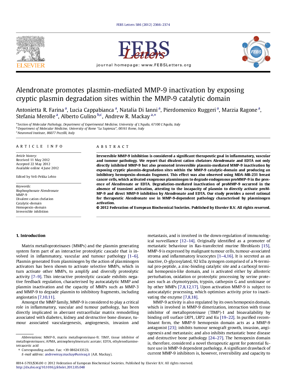 Alendronate promotes plasmin-mediated MMP-9 inactivation by exposing cryptic plasmin degradation sites within the MMP-9 catalytic domain