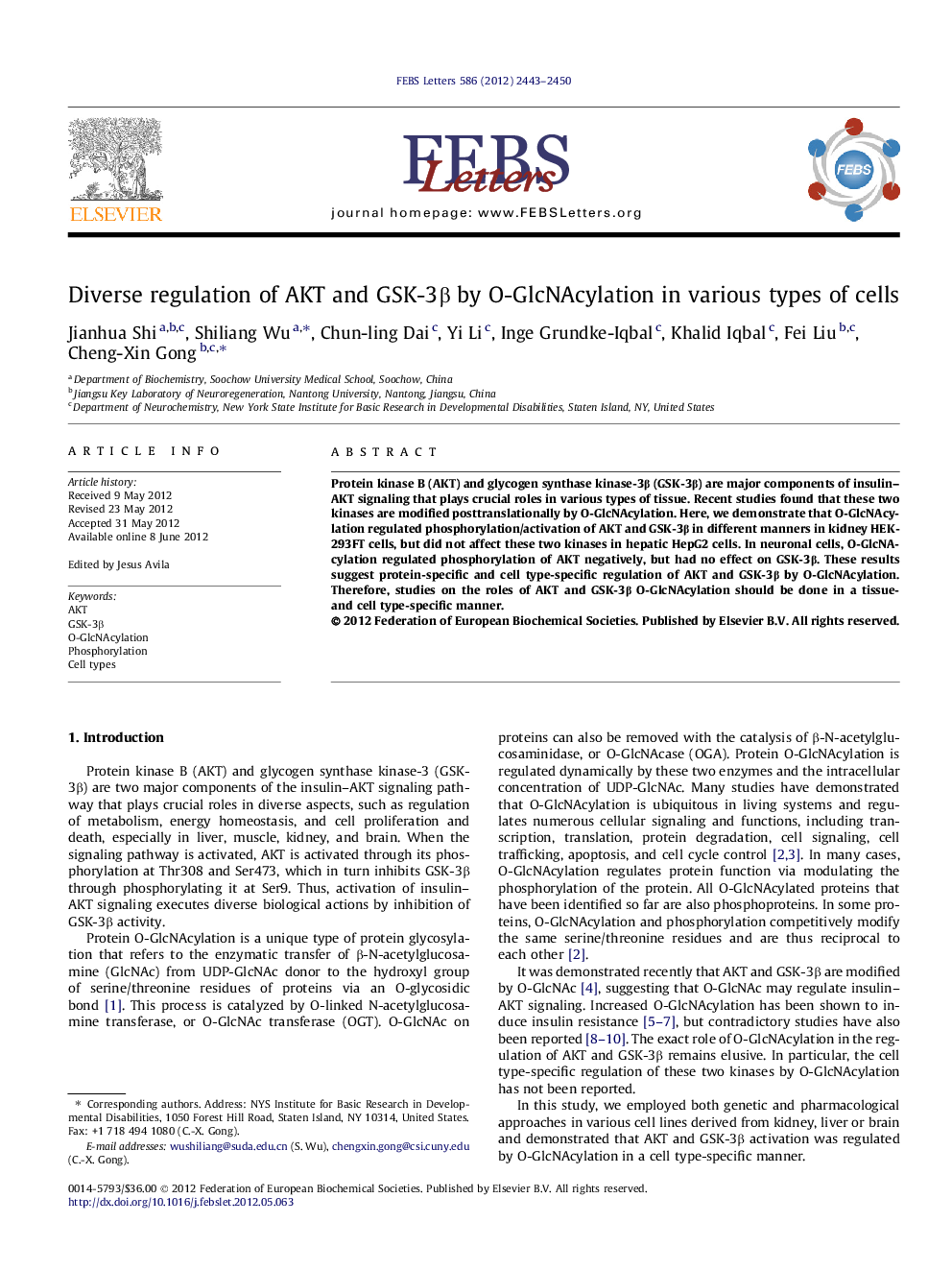 Diverse regulation of AKT and GSK-3Î² by O-GlcNAcylation in various types of cells