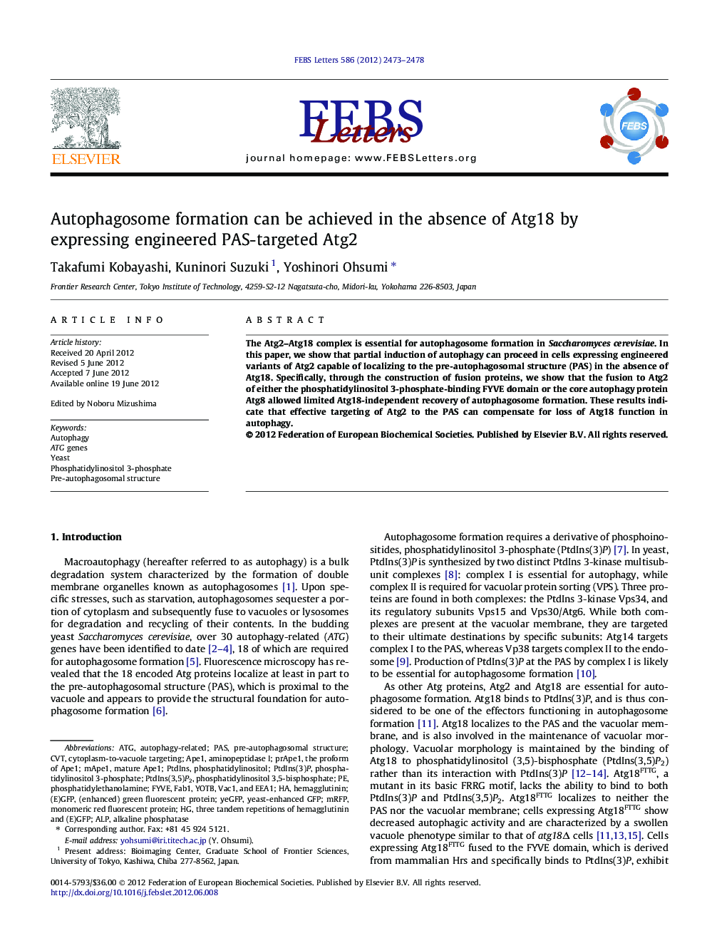 Autophagosome formation can be achieved in the absence of Atg18 by expressing engineered PAS-targeted Atg2