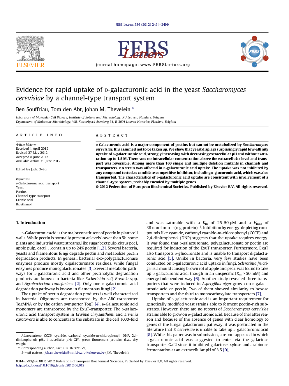 Evidence for rapid uptake of d-galacturonic acid in the yeast Saccharomyces cerevisiae by a channel-type transport system