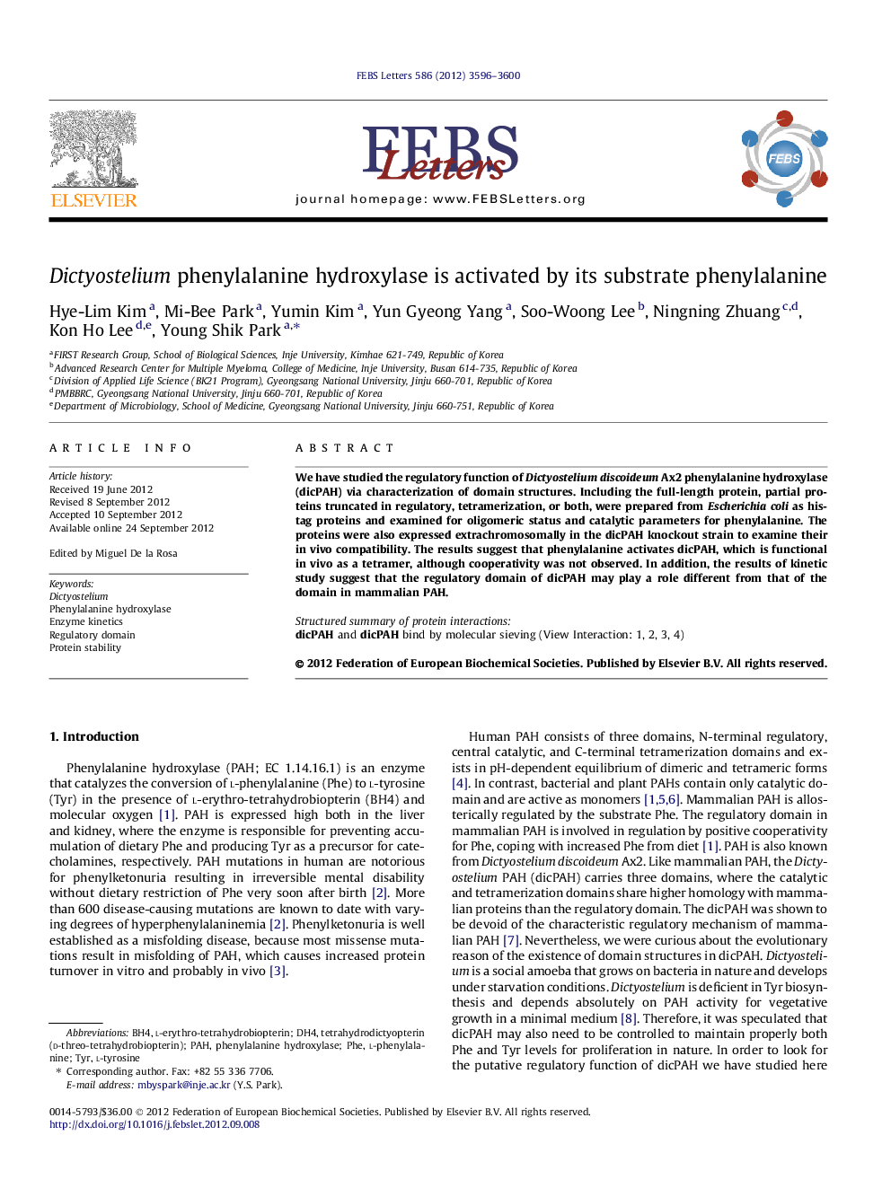 Dictyostelium phenylalanine hydroxylase is activated by its substrate phenylalanine
