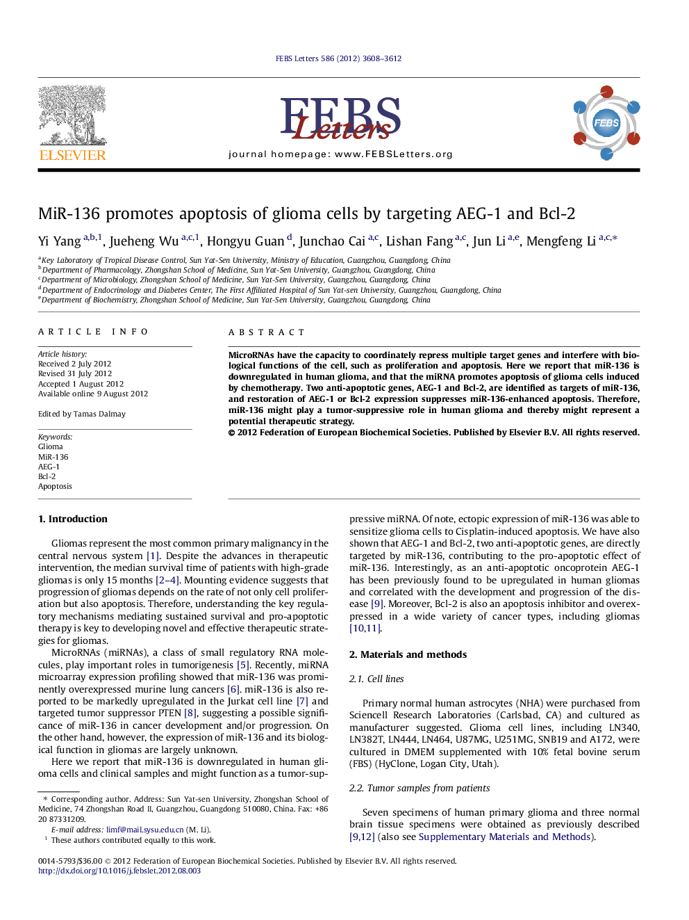 MiR-136 promotes apoptosis of glioma cells by targeting AEG-1 and Bcl-2