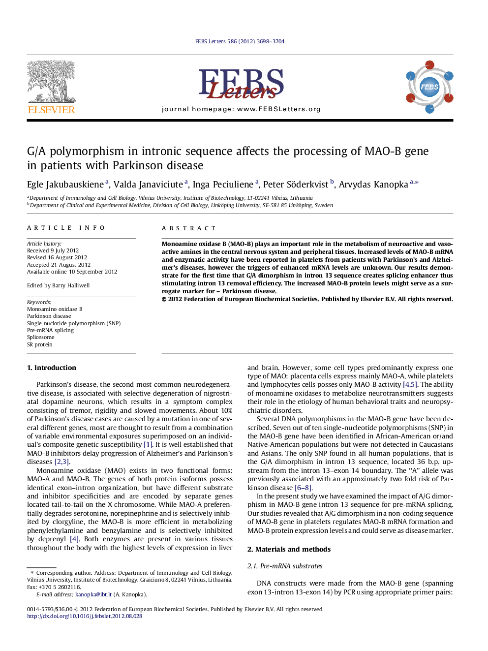 G/A polymorphism in intronic sequence affects the processing of MAO-B gene in patients with Parkinson disease