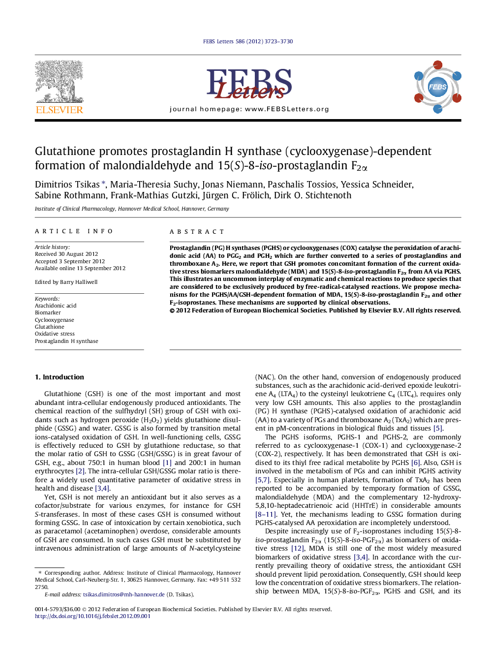 Glutathione promotes prostaglandin H synthase (cyclooxygenase)-dependent formation of malondialdehyde and 15(S)-8-iso-prostaglandin F2Î±