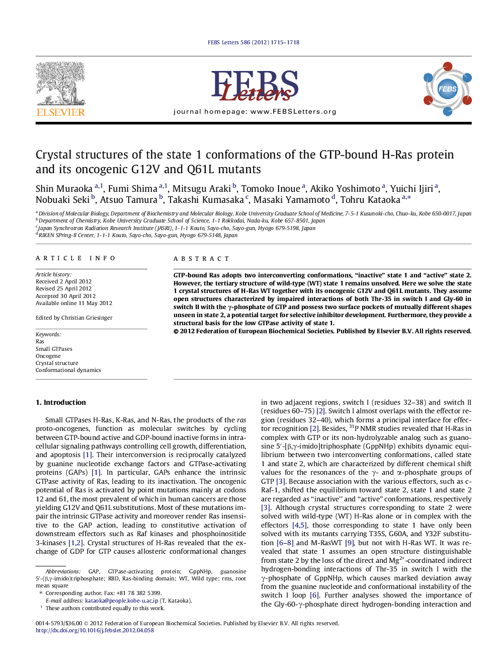 Crystal structures of the state 1 conformations of the GTP-bound H-Ras protein and its oncogenic G12V and Q61L mutants