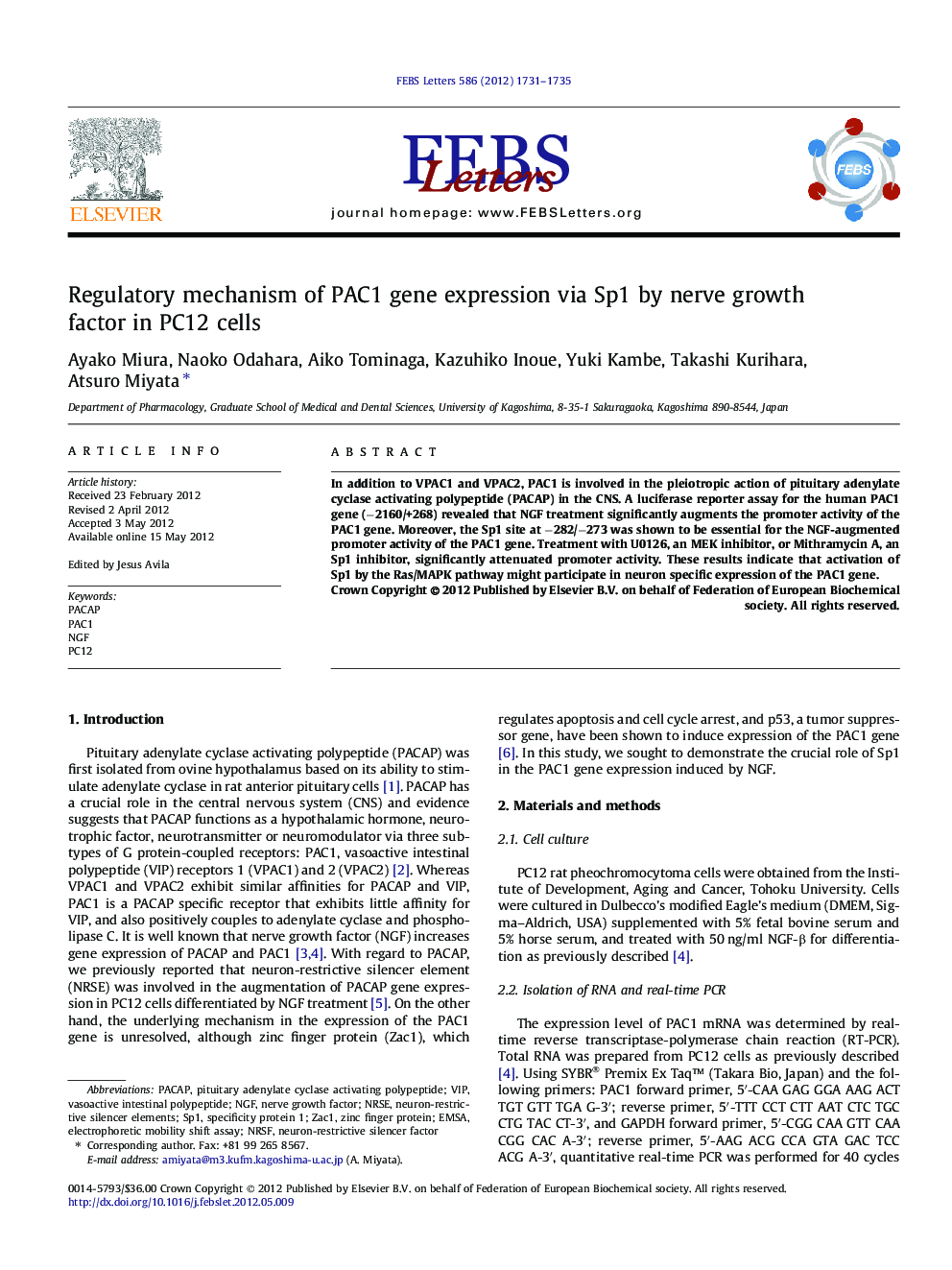 Regulatory mechanism of PAC1 gene expression via Sp1 by nerve growth factor in PC12 cells