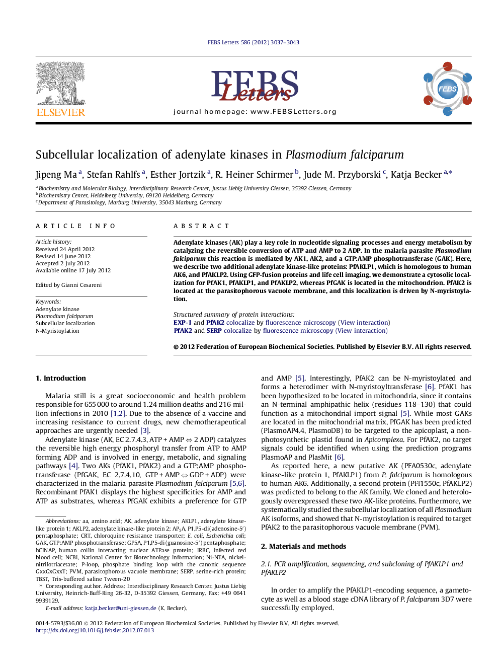 Subcellular localization of adenylate kinases in Plasmodium falciparum