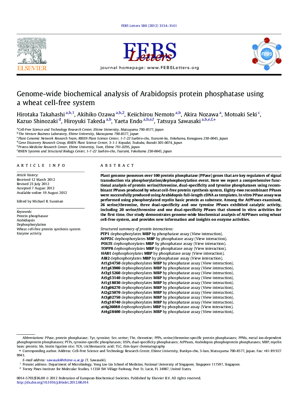 Genome-wide biochemical analysis of Arabidopsis protein phosphatase using a wheat cell-free system