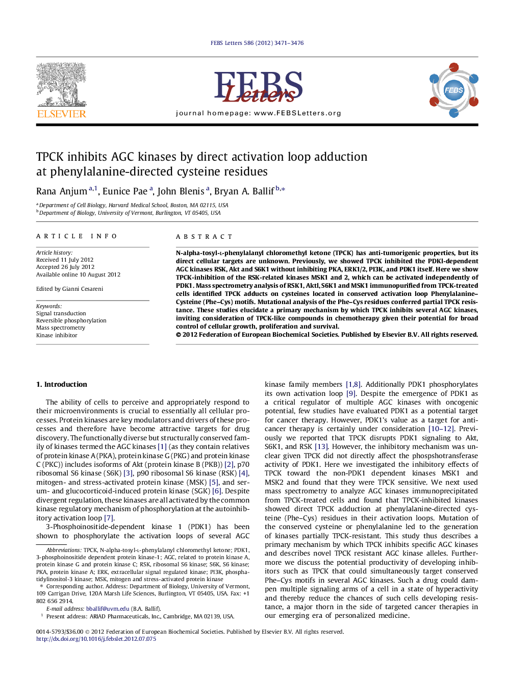 TPCK inhibits AGC kinases by direct activation loop adduction at phenylalanine-directed cysteine residues