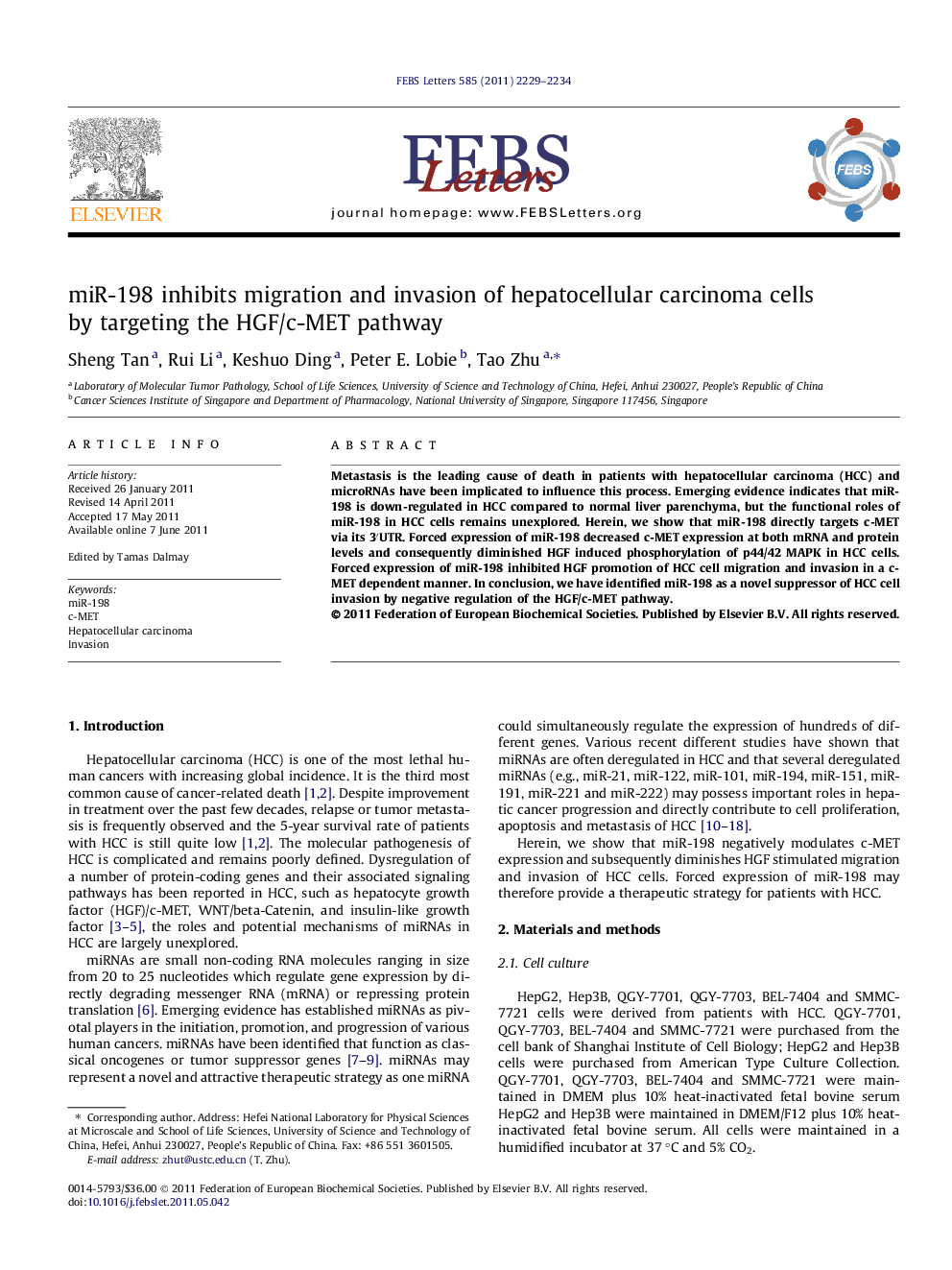 miR-198 inhibits migration and invasion of hepatocellular carcinoma cells by targeting the HGF/c-MET pathway