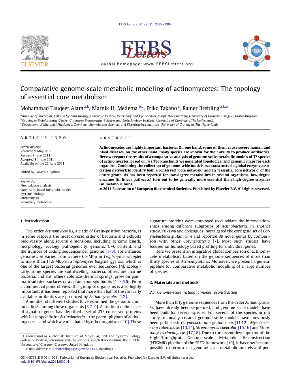 Comparative genome-scale metabolic modeling of actinomycetes: The topology of essential core metabolism