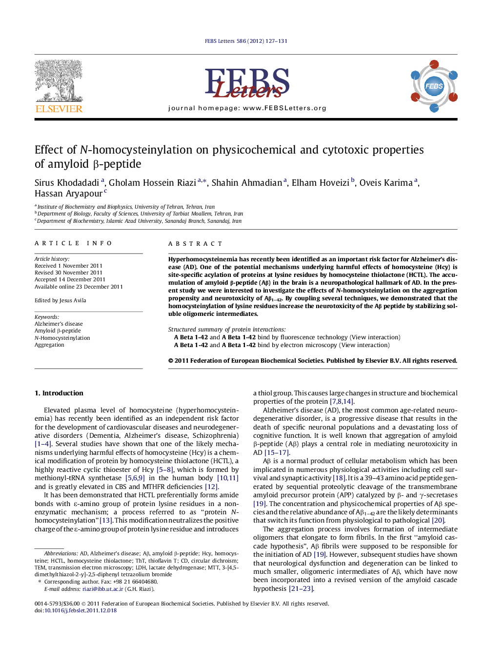 Effect of N-homocysteinylation on physicochemical and cytotoxic properties of amyloid Î²-peptide