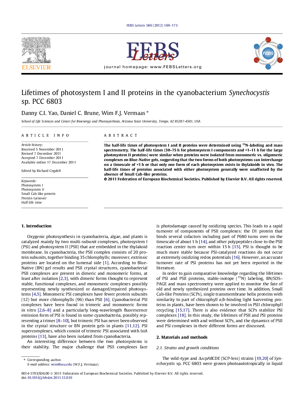 Lifetimes of photosystem I and II proteins in the cyanobacterium Synechocystis sp. PCC 6803