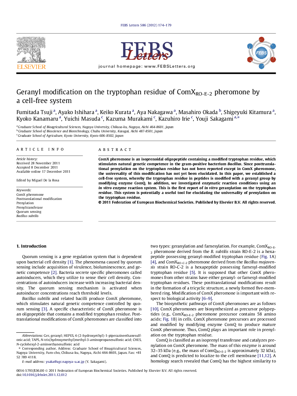 Geranyl modification on the tryptophan residue of ComXRO-E-2 pheromone by a cell-free system