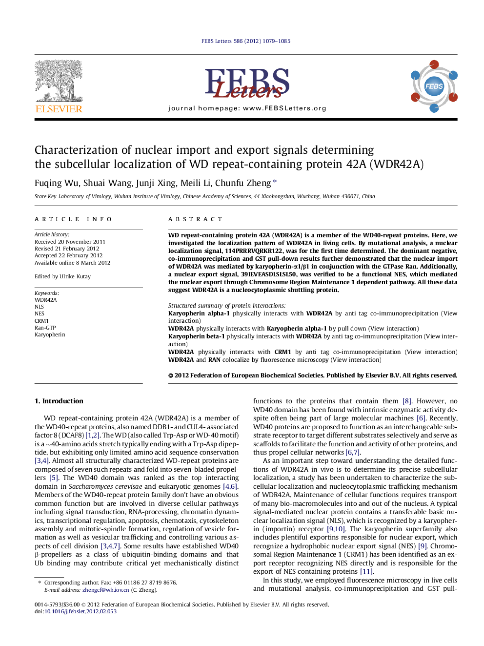 Characterization of nuclear import and export signals determining the subcellular localization of WD repeat-containing protein 42A (WDR42A)