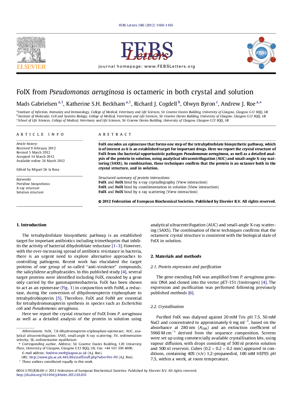 FolX from Pseudomonas aeruginosa is octameric in both crystal and solution