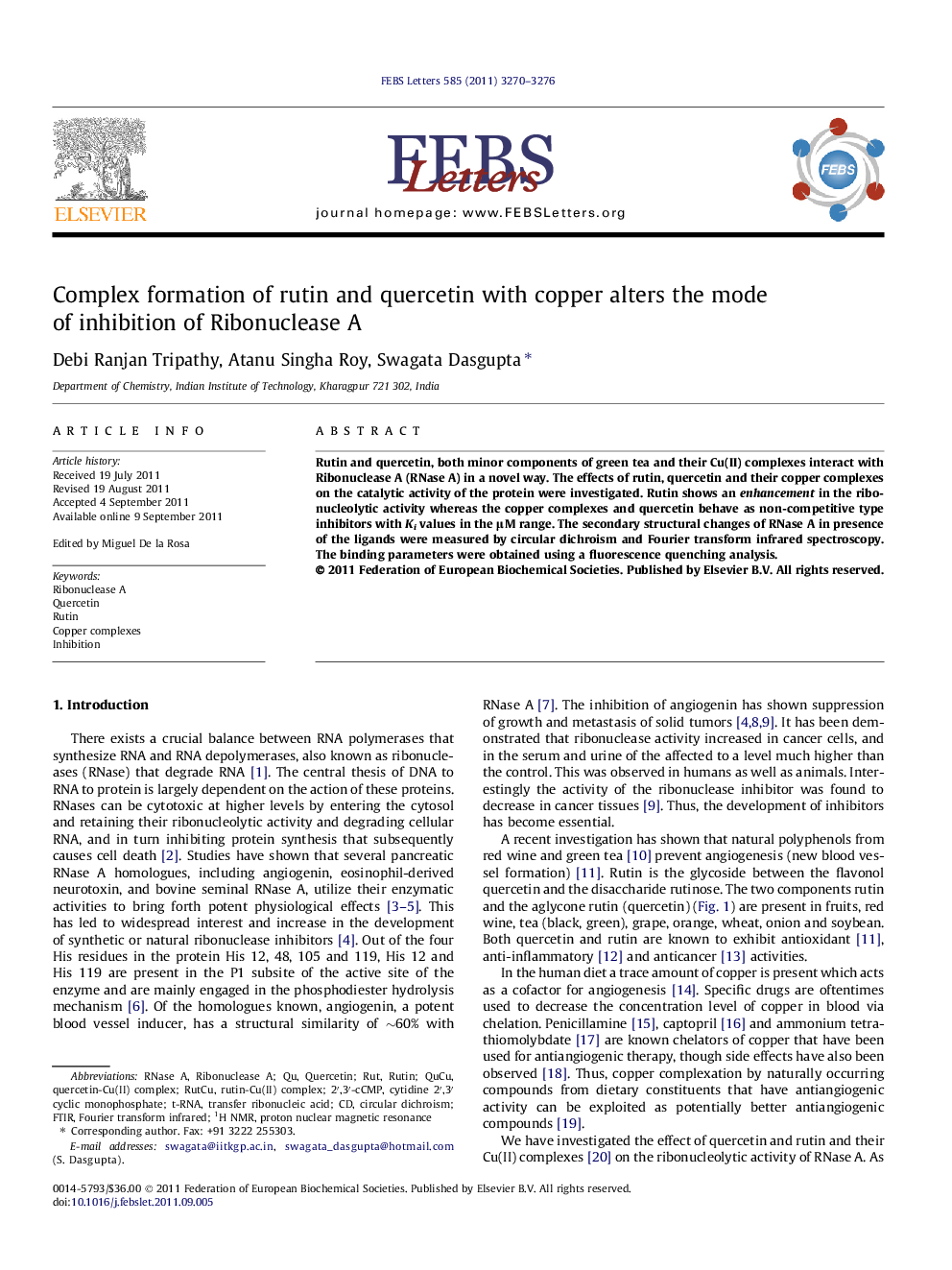 Complex formation of rutin and quercetin with copper alters the mode of inhibition of Ribonuclease A