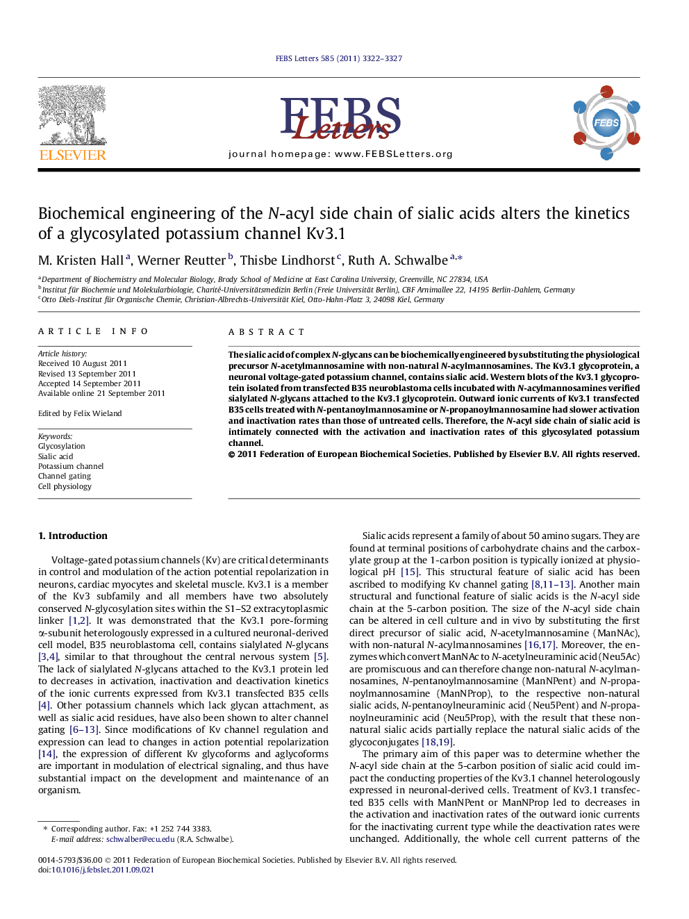 Biochemical engineering of the N-acyl side chain of sialic acids alters the kinetics of a glycosylated potassium channel Kv3.1