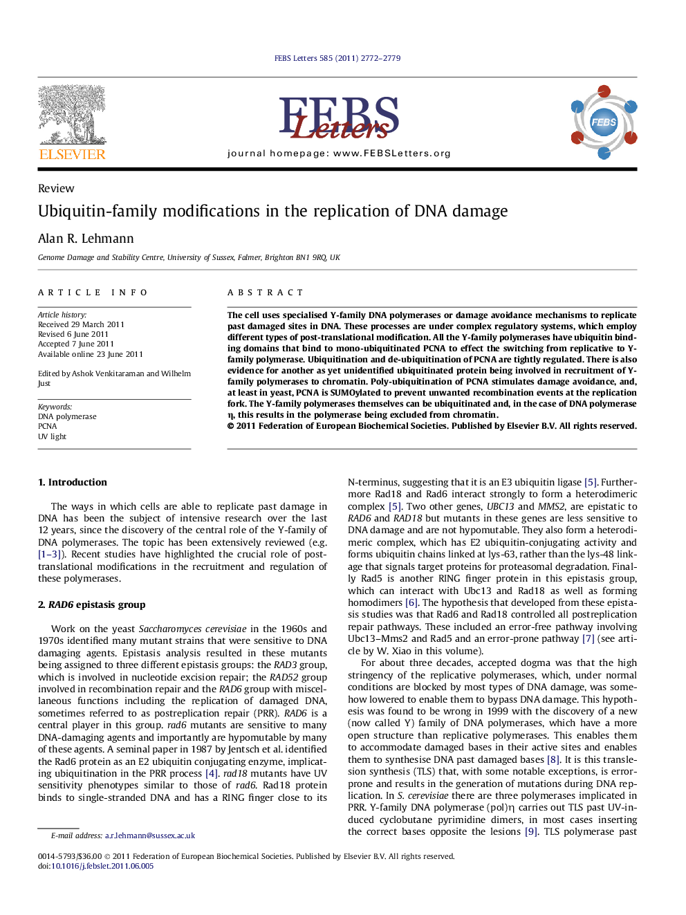 Ubiquitin-family modifications in the replication of DNA damage